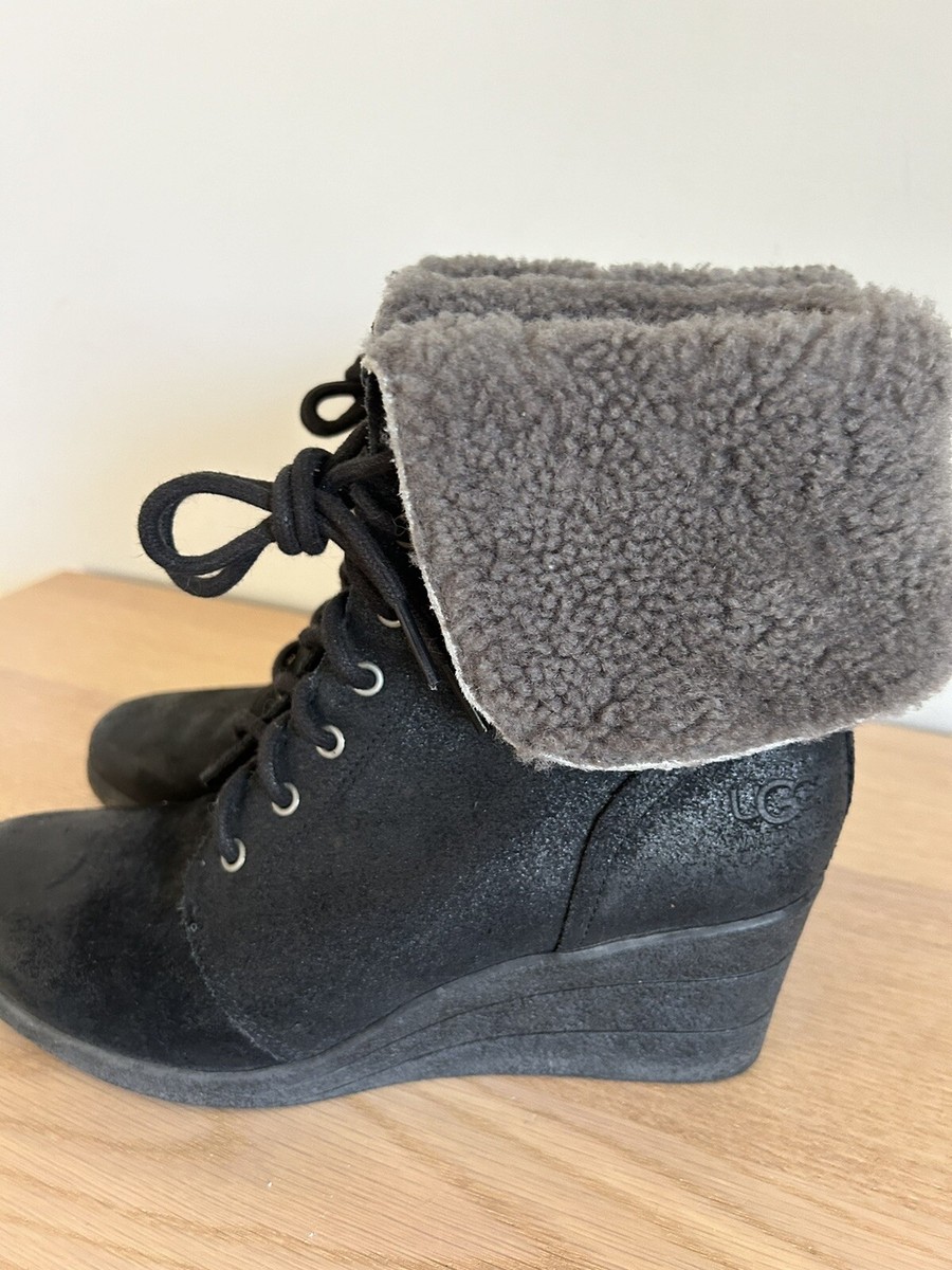 UGG Black Suede Lace-Up Shearling Ankle Shoes Size 11 Ugg Zea Black Shearling Wedge Waterproof Lace Up Ankle Boots  main image 2