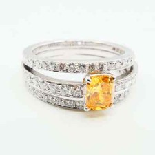 Fancy Vivid Yellow Orange Citrine With Three Row CZ Engagement Wedding Fine Band