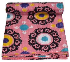 Handmade Floral Kantha Quilt 100 Cotton Reversible Boho Bedspread Throw Blanket