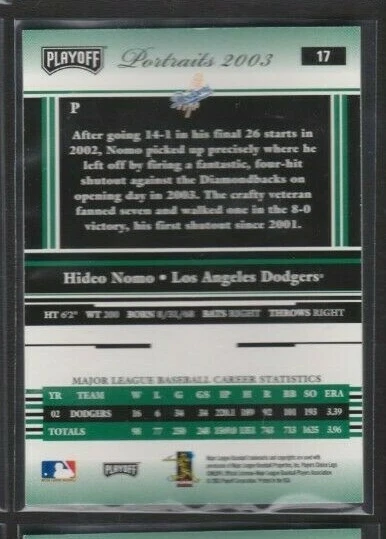 2003 PLAYOFF PORTRAITS GREEN FANFEST PARALLEL PROMO #17 HIDEO NOMO DODGERS SSP - Image 2 of 2