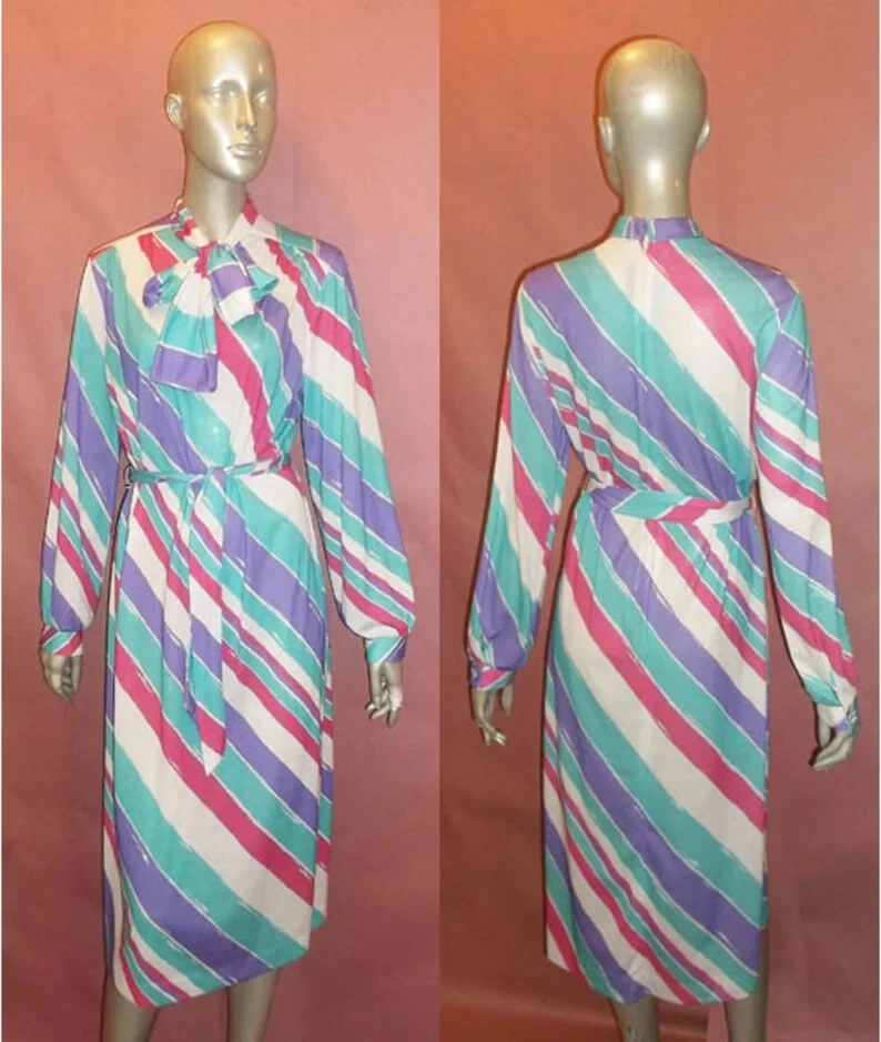 Lanvin — VTG LANVIN NWT Multiclr Diagonal Stripe Scarf Tie Neck Pussy Bow Belt Knit Dress