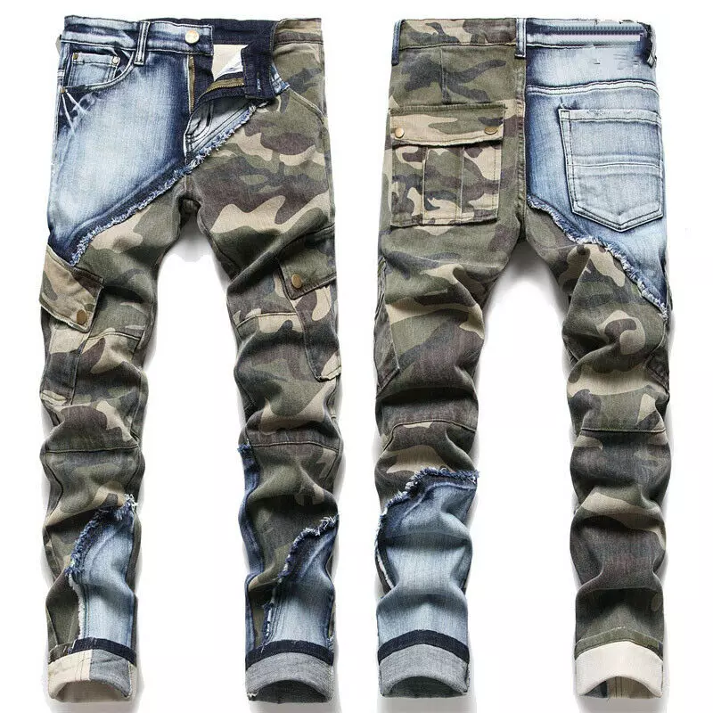 Men Camouflage Splice Skinny Jeans Pants Slim Fit Trousers Mid Rise Casual Pants