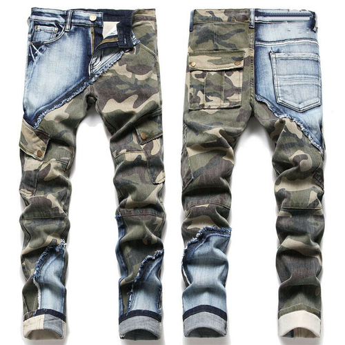 Men Camouflage Splice Skinny Jeans Pants Slim Fit Trousers Mid Rise