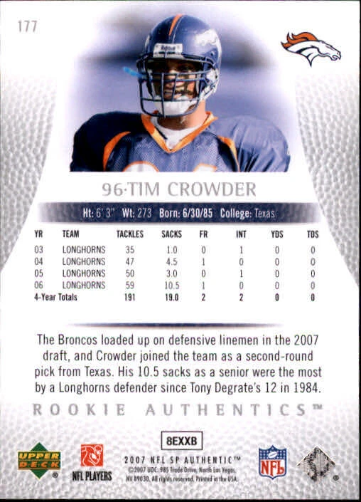B0364- 2007 SP Authentic #177 Tim Crowder RC /999 - NM-MT - Image 2 of 2