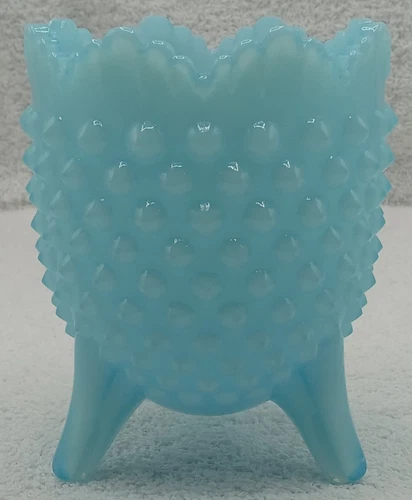 Fenton Milky Blue Hobnail Candy Dish Vase Planter Crown Top 3 Footed 4.75" Vtg