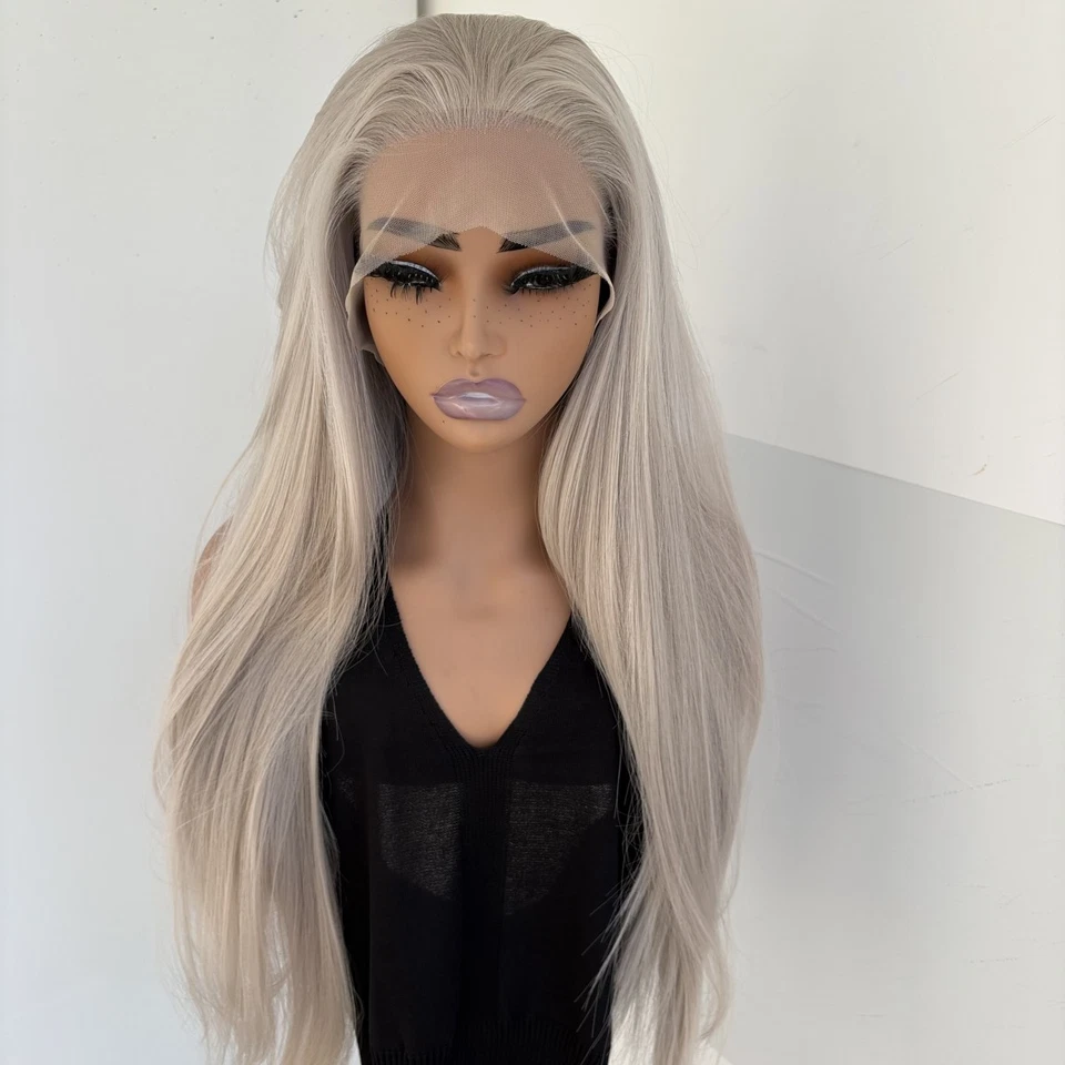 Peluca frontal sin pegamento sin encaje cabello sintético resistente al calor larga recta gris plateado Foto 2 de 4