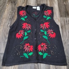 VTG Bobbie Brooks Ugly Christmas Sweater Holiday Poinsettia Beaded Vest Sz L