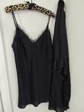 Victoria's Secret Black Satin Lace Chemise Robe Set Belted Tie Size M