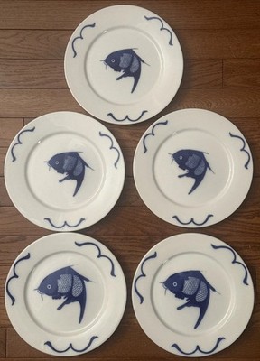 5 VTG Chinese Koi Carp Fish 9  Porcelain Plates SET Hand Painted MISTY ROSE