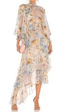 Elliatt Astrid Dress Women S Beige Blue Chiffon Tiered Smocked Cottage Romantic