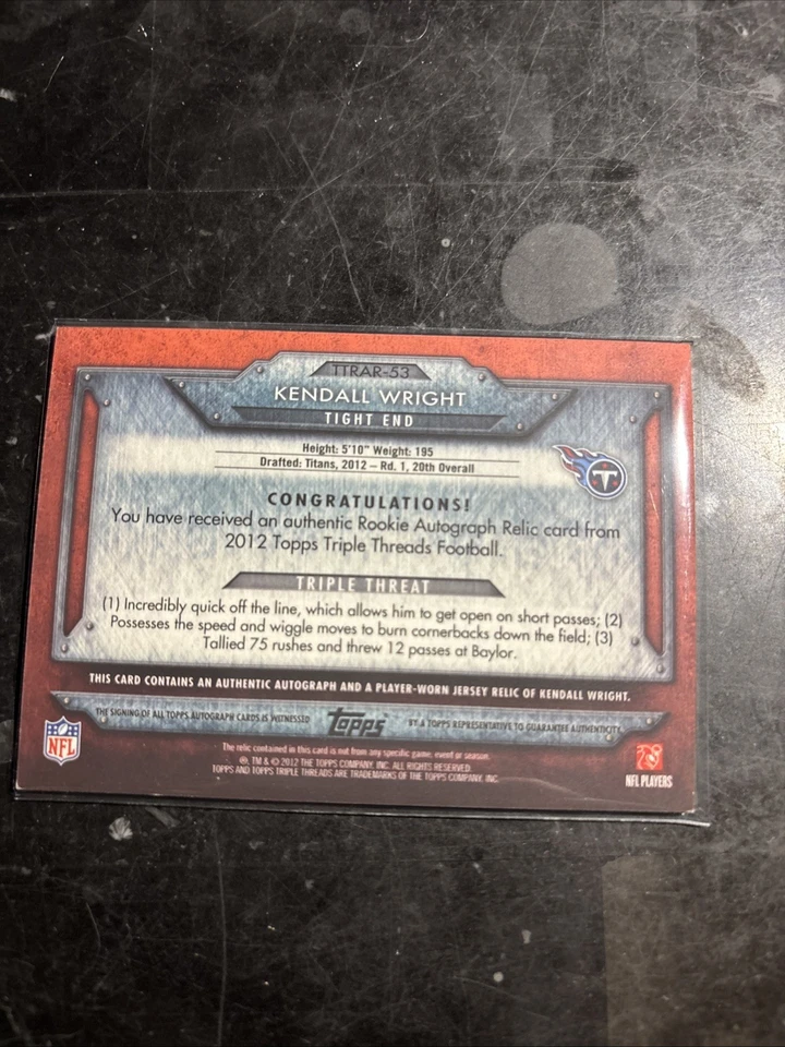 2012 Topps Triple Threads - Rookie Autograph Relics Kendall Wright #TTRAR-53 /99 - Image 2 of 2