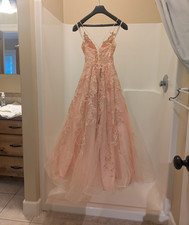 Women’s Petite 4P Pink V-Neck Sleeveless Floral Embroidered Tulle Prom Dress