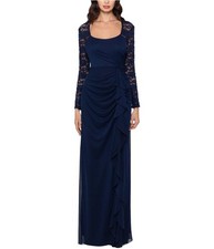 XSCAPE Womens Lace-Sleeve Side-Ruching Gown Dress, navy, 6