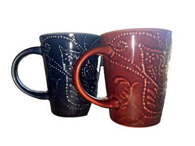 Home Essentials And Beyond Coffee Mug Set Blue And Brown Leaf Design (2)Pcs.