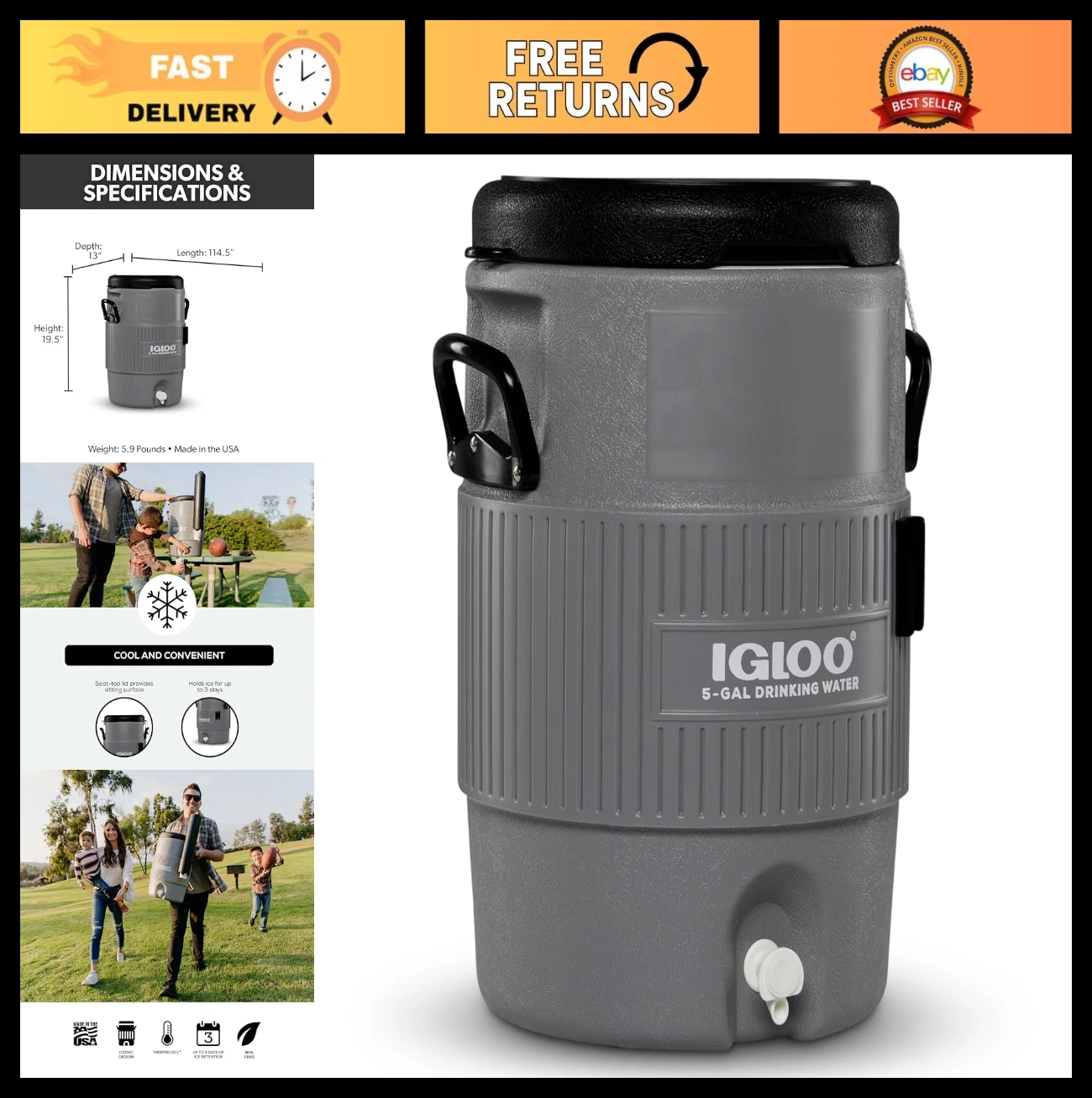 Portable Insulated Beverage Cooler Dispenser | Sports Cooler with Spout & Handwa