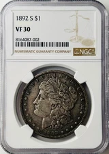 1892 S Morgan Silver Dollar NGC VF30 VSS VAM-12 Slanted Date Tough Key Date/VAM