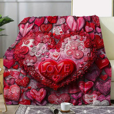 3D Ornate Love Heart Fleece Blanket Red Pink Roses Soft Plush Throw Luxury Gift