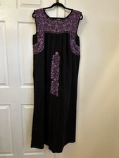 San Antonino Oaxaca Mexican Maxi Dress Hand Embroidered Black Purple