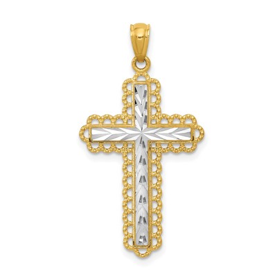 14k Gold Latin Cross Pendant Beaded Border Textured Necklace Religious Fashion