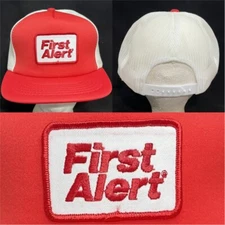 Vtg First Alert Mesh Trucker Snapback Hat Safety Company Logo Patch Red Cap