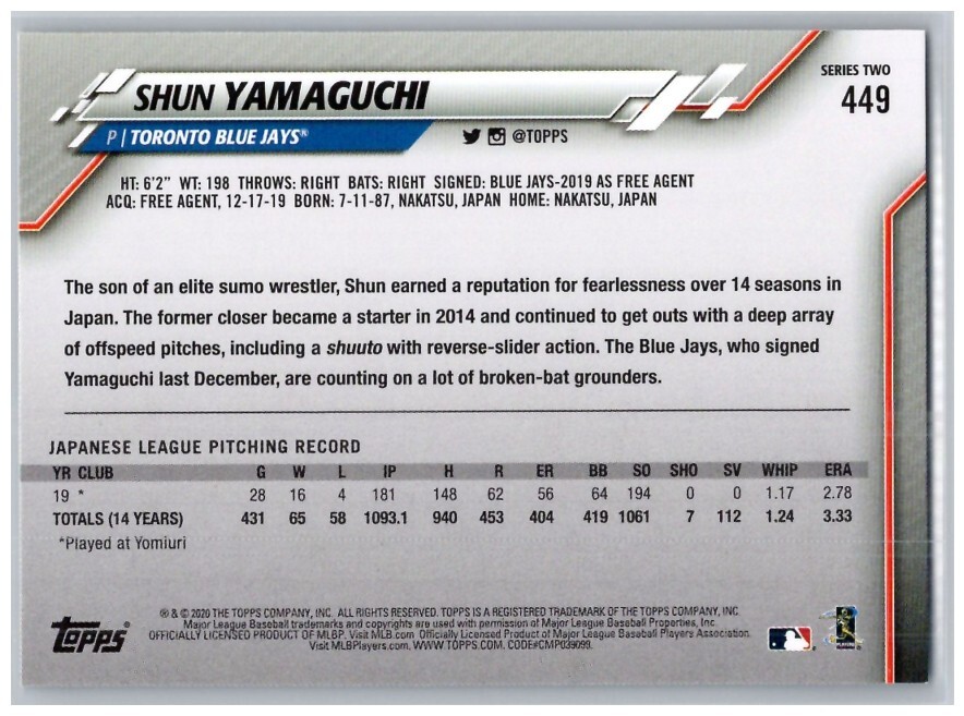 449 Shun Yamaguchi Toronto Blue Jays RC 2020 Topps Gold Star
