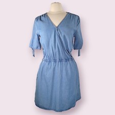 GAP Chambray Dress Size M Lyocell Surplice Top Faux Wrap Skirt Elastic Waist