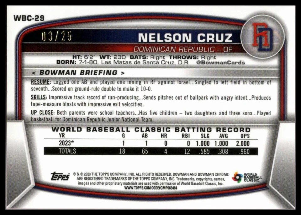 2023 Bowman Chrome WBC Flag Orange Refractor #WBC29 Nelson Cruz Nationals /25 - Image 2 of 2
