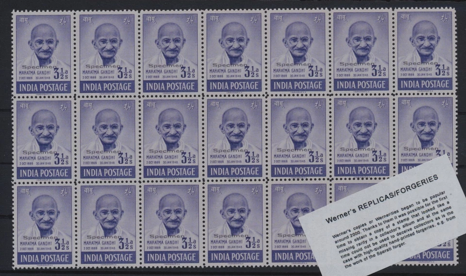 FALSIFICACIÓN - Hoja de FALSIFICACIÓN/RÉPLICA de Werner de 1948 Gandhi "Especimen" sobreimpresión Foto 4 de 4
