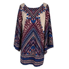 Pink Owl Shift Dress Women's Small Long Bell Sleeve Above Knee Aztec Tunic Dress
