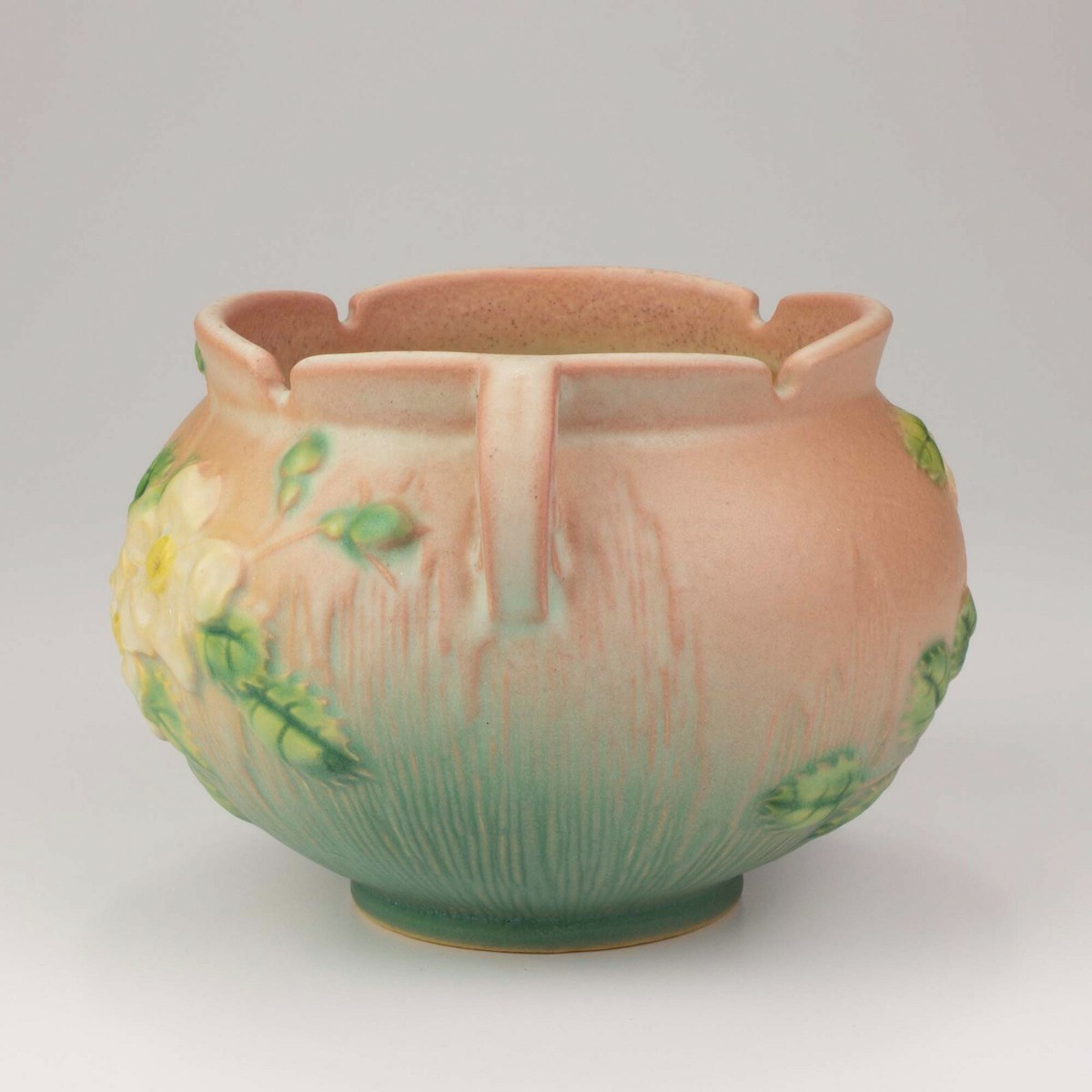 Roseville Pottery White Rose Jardiniere, Shape 653-4, Coral/Pink