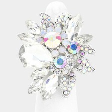 Cocktail Ring Crystal Rhinestone Flower Leaf Stretch 1.75" Wide Statement RCA