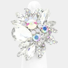 Cocktail Ring Crystal Rhinestone Flower Leaf Stretch 1.75" Wide Statement RCA