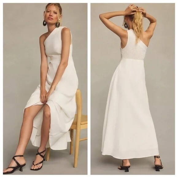 Farm Rio One-Shoulder Smocked A-Line Dress Linen Small