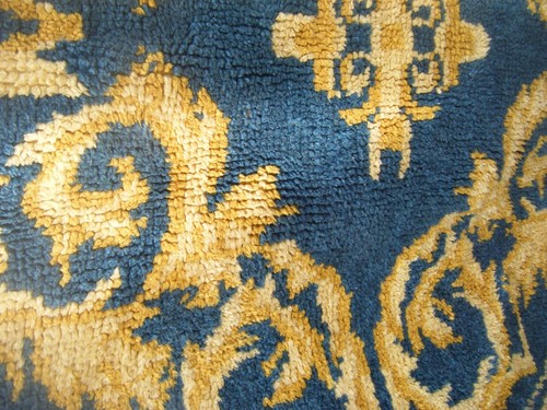 Rug Vintage 60's Latch Hook Round MCM Hooky Large Circular Blue Yellow Wool 58'' - Picture 3 of 8