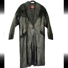 Vintage 90s Womens Black Leather Long Sleeve Pockets Coat Size M Petite
