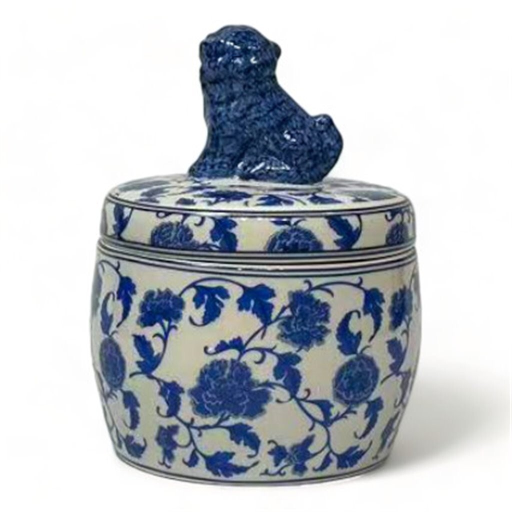 Ffoo Box Porcelain Blue/White Foo Dog Lidded Box with Soy Wax Fresh Scent Candle ...