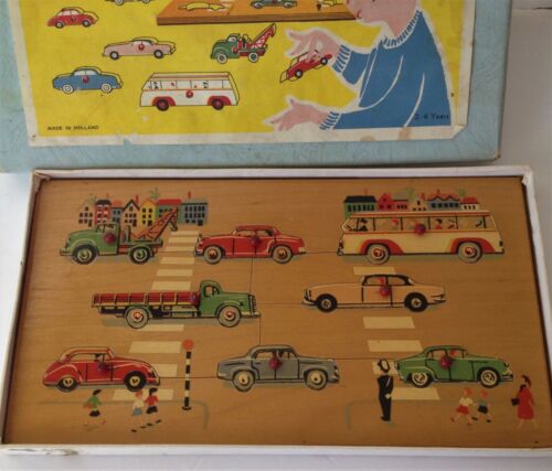 Vintage SIMPLEX WOODEN PUZZLE IN BOX Cars Trucks MADE IN HOLLAND Wood Shapes - Picture 2 of 3