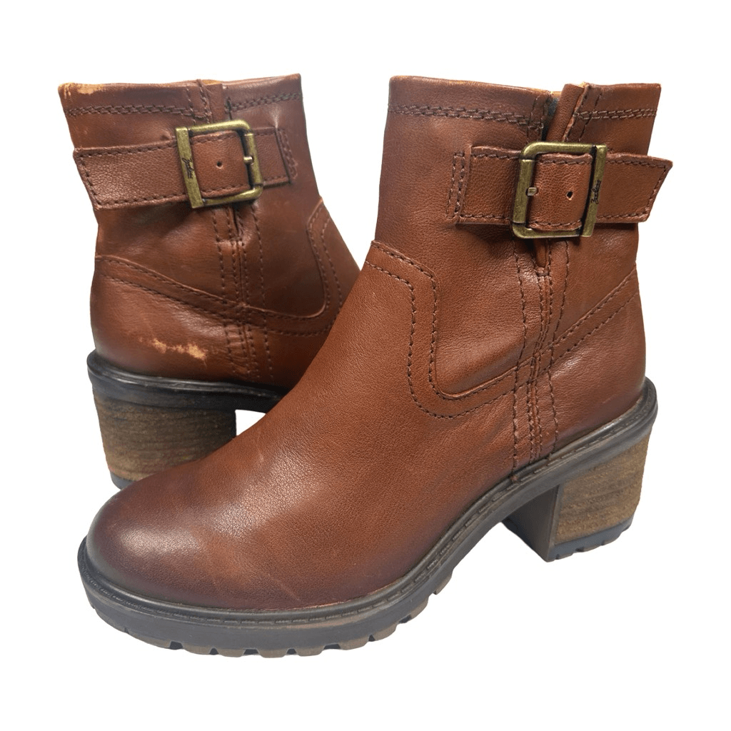 SAOLA Stivaletti Zodiac Gannet suola a strappo taglia 6 pelle cognac tacco a blocco zip laterale