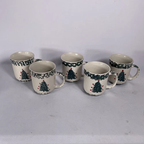 Tienshan Folk Craft Stoneware Mugs Winter Wonderland 10 Ounce Christmas Lot of 5