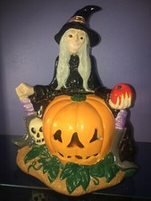 VTG Halloween Witch Skull Pumpkin Centerpiece Decoration Light Table Lamp Figure