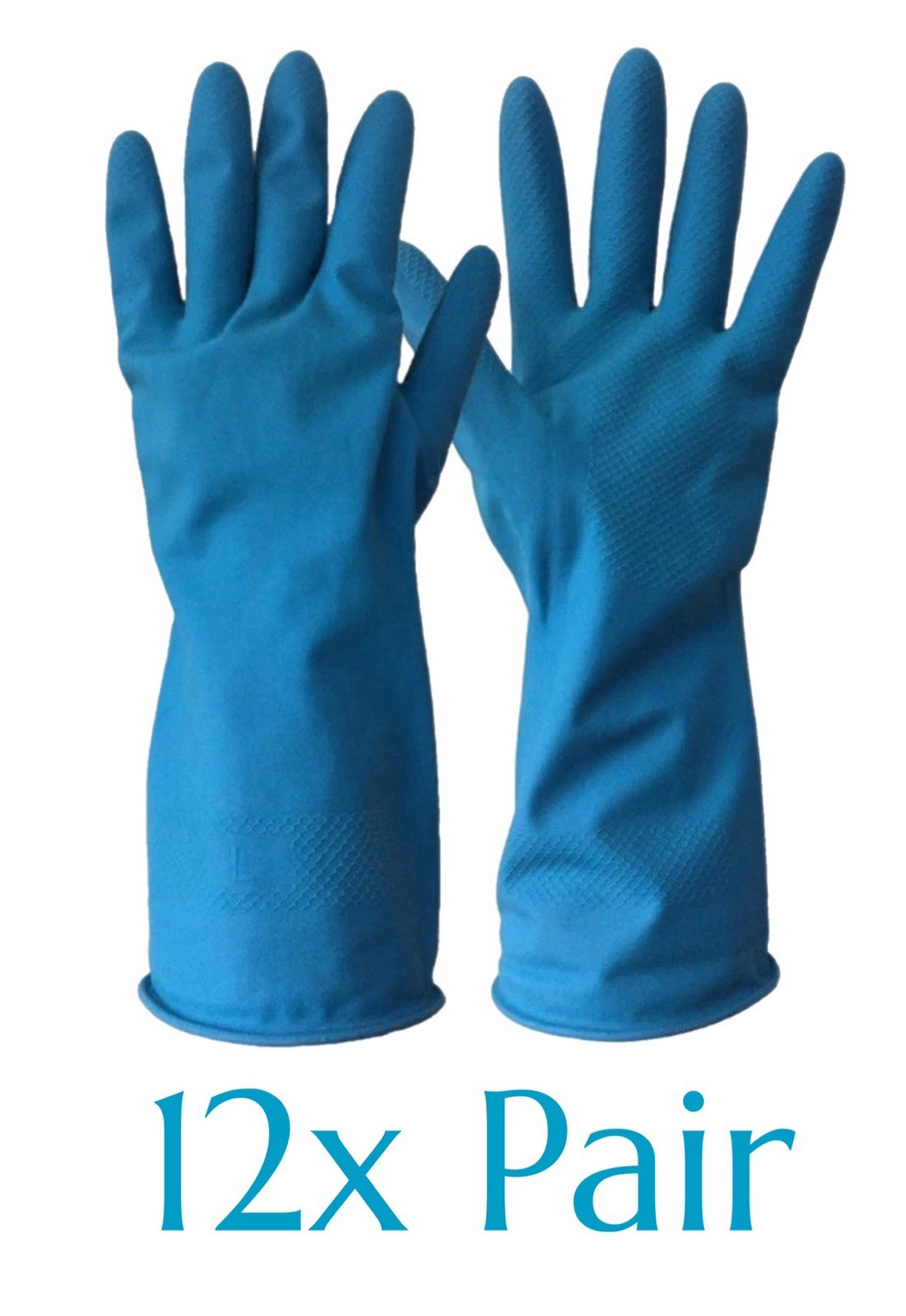 12x Pair Caring Hands Household Latex Glove Blue Rubber Gloves Flock Lined (L)