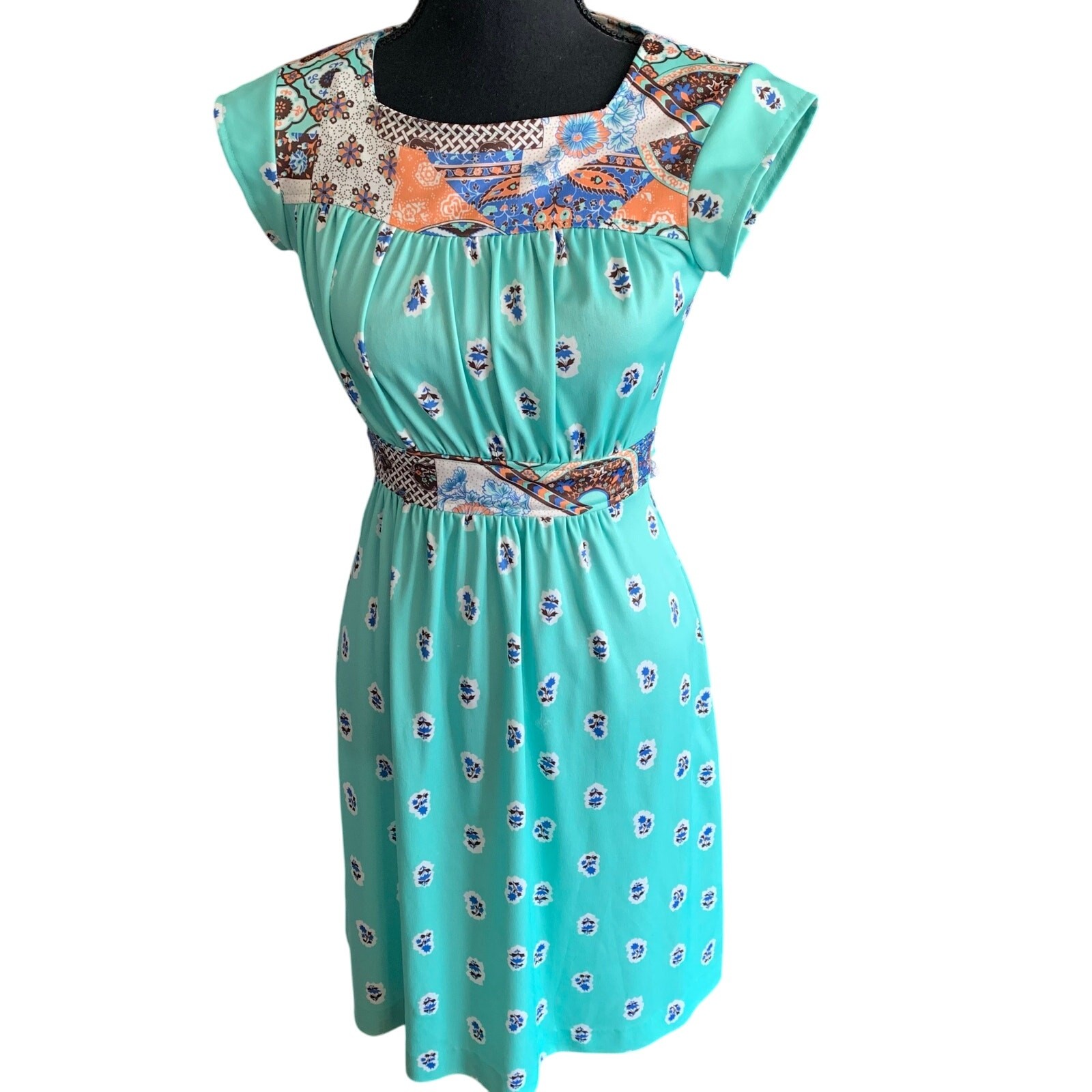 Vintage Polyester Boho Patchwork 70s Teal Brown D… - image 1