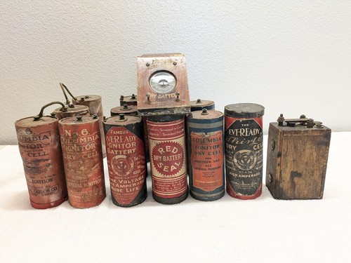 Vintage 13 Dry Cell Batteries & 1 Ford Model A/T French Auto Dry Battery Tester