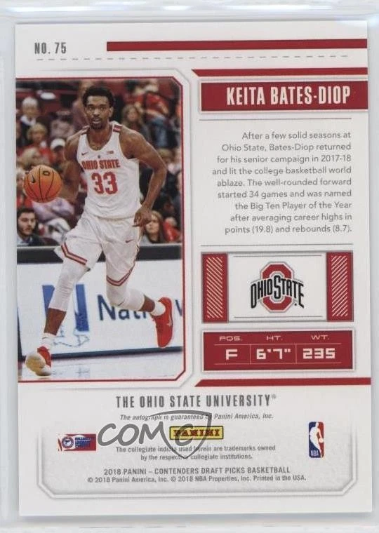 2018 Contenders Draft Picks College Ticket Keita Bates-Diop #75 Rookie Auto RC - Image 2 of 2