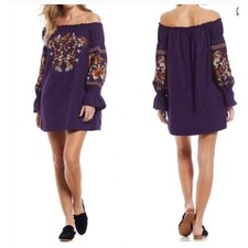 Free People Purple Fleur Du Jour Embroidered Mini Shift Cotton dress  Top XS
