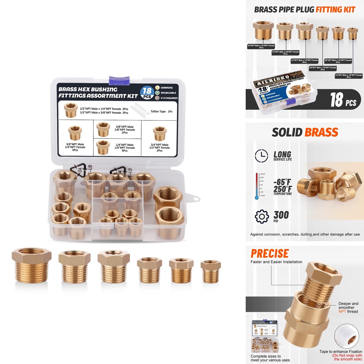 Ailbiuko 18PCS Brass Hex Reducer Bushing Fitting Kit NPT Thread