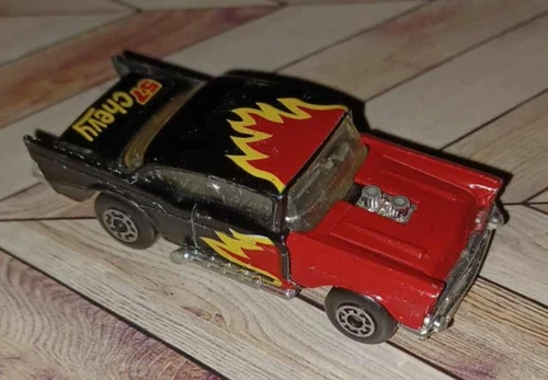 Vintage 1979 Matchbox Superfast 57 Chevy Black Red Flames Opening Hood No. 4
