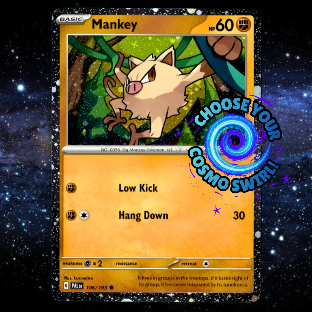 Mankey 106/193 Cosmos Holo w/ SWIRL🌀Pokemon Card (HD Swirls, Fart, Holobleeds)