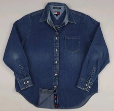 Vintage 90s Tommy Hilfiger Denim Spellout Logo Tape Button Shirt Jeans Vtg USA L