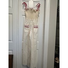 Vintage Young Edwardian Arpeja Smocked Cherry Jumpsuit Cream Wide Leg Sz 9